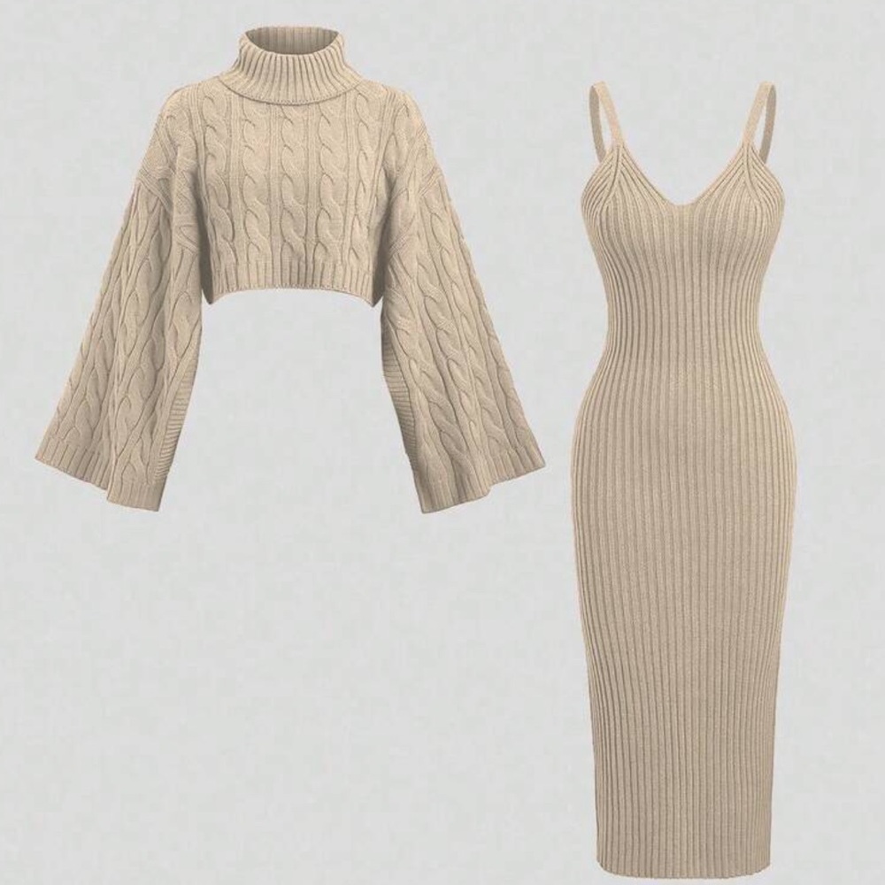 Sweater cable knit dress and turtleneck 2PC SET Beige KHAKI Knit Sweater Dress - Picture 3 of 3